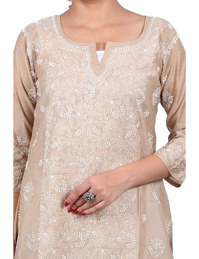 Chhangamal Hand Embroidered Brown Colour Chanderi Cotton Chikankari Kurti