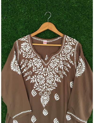 Chhangamal Hand Embroidered Brown Colour Modal Chikankari Kurti
