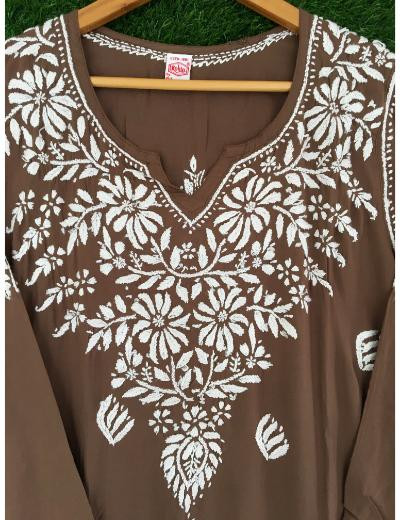 Chhangamal Hand Embroidered Brown Colour Modal Chikankari Kurti
