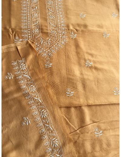 Chhangamal Hand Embroidered Brown Colour Mul Chanderi  Chikankari Unstitched Men’s 	kurta Piece