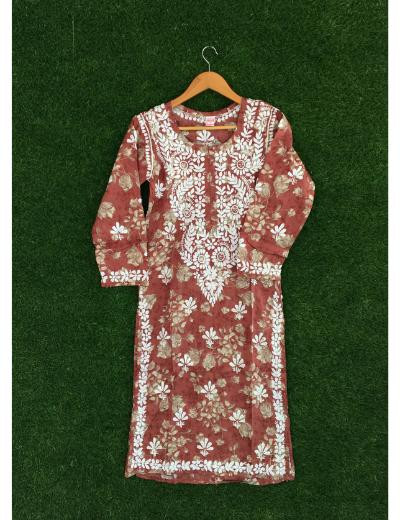 Chhangamal Hand Embroidered Brown Colour Mul Cotton Chikankari Kurti