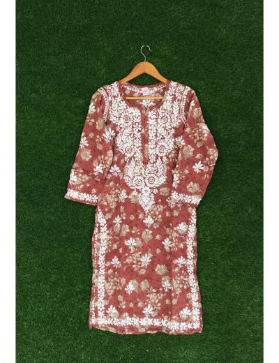 Chhangamal Hand Embroidered Brown Colour Mul Cotton Chikankari Kurti Piece