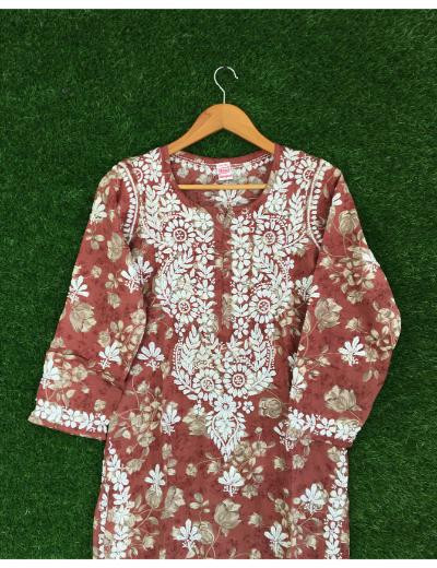 Chhangamal Hand Embroidered Brown Colour Mul Cotton Chikankari Kurti Piece