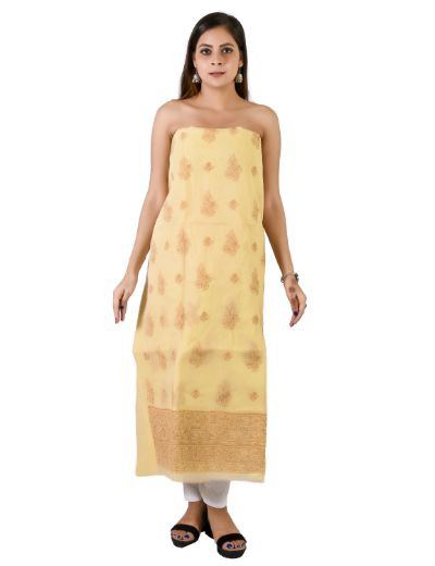 Chhangamal Hand Embroidered Brown Cotton Blend Chikankari Suitlength