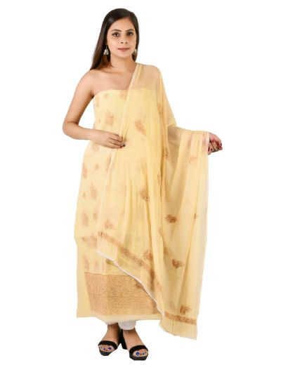 Chhangamal Hand Embroidered Brown Cotton Blend Chikankari Suitlength