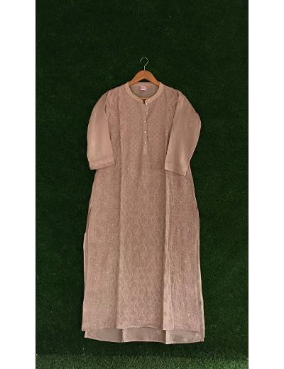 Chhangamal Hand Embroidered Brown Yellow Colour Chanderi Silk Chikankari Kurti Piece