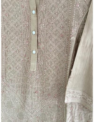 Chhangamal Hand Embroidered Brown Yellow Colour Chanderi Silk Chikankari Kurti Piece