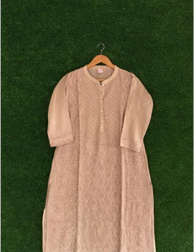 Chhangamal Hand Embroidered Brown Yellow Colour Chanderi Silk Chikankari Kurti Piece
