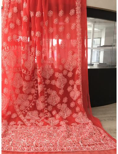 Chhangamal Hand Embroidered Carrot Colour Georgette Chikankari Saree