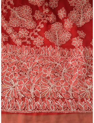 Chhangamal Hand Embroidered Carrot Colour Georgette Chikankari Saree