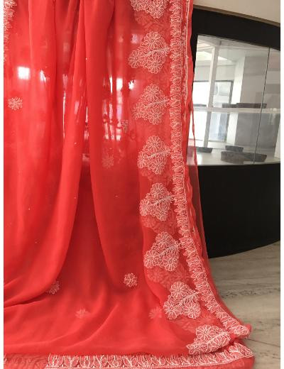 Chhangamal Hand Embroidered Carrot Colour Georgette Chikankari Saree