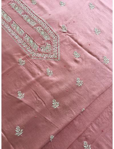 Chhangamal Hand Embroidered Carrot Pink Colour Chanderi Silk  Chikankari Unstitched Men’s kurta Piece