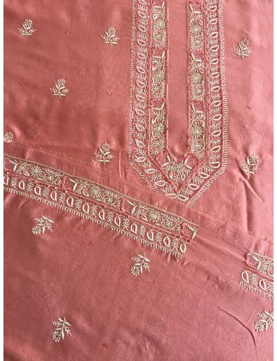 Chhangamal Hand Embroidered Carrot Pink Colour Chanderi Silk  Chikankari Unstitched Men’s kurta Piece