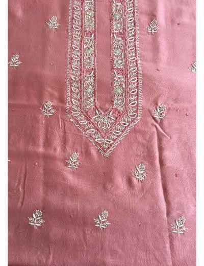 Chhangamal Hand Embroidered Carrot Pink Colour Chanderi Silk  Chikankari Unstitched Men’s kurta Piece
