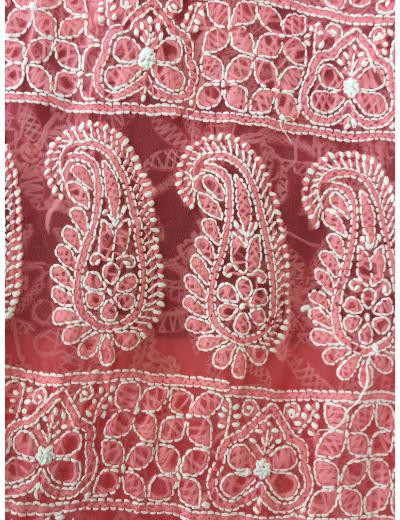 Chhangamal Hand Embroidered Carrot Pink Colour Georgette Chikankari Saree