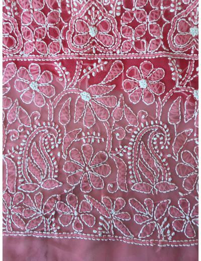 Chhangamal Hand Embroidered Carrot Pink Colour Georgette Chikankari Saree