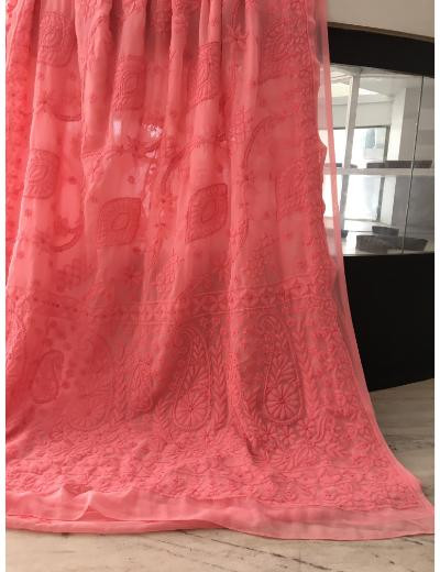 Chhangamal Hand Embroidered Carrot Pink Colour Georgette Chikankari Saree