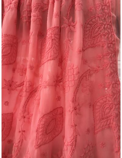 Chhangamal Hand Embroidered Carrot Pink Colour Georgette Chikankari Saree