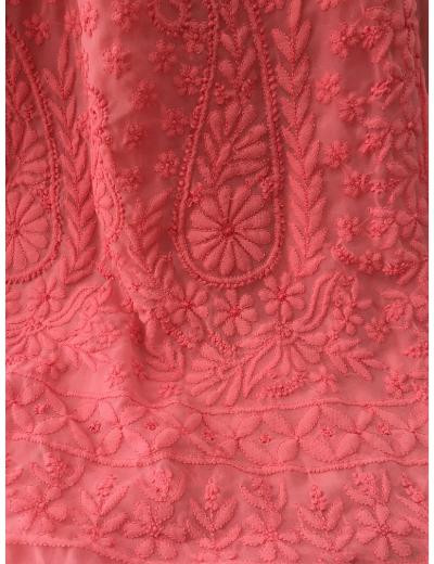 Chhangamal Hand Embroidered Carrot Pink Colour Georgette Chikankari Saree