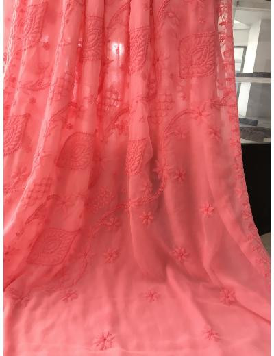 Chhangamal Hand Embroidered Carrot Pink Colour Georgette Chikankari Saree