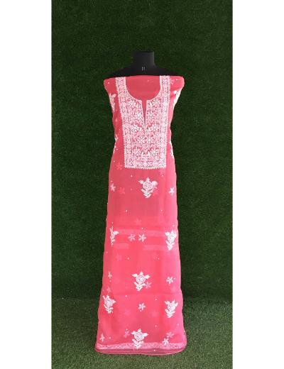Chhangamal Hand Embroidered Carrot Pink Colour Organza  Chikankari Kurta Dupatta Piece