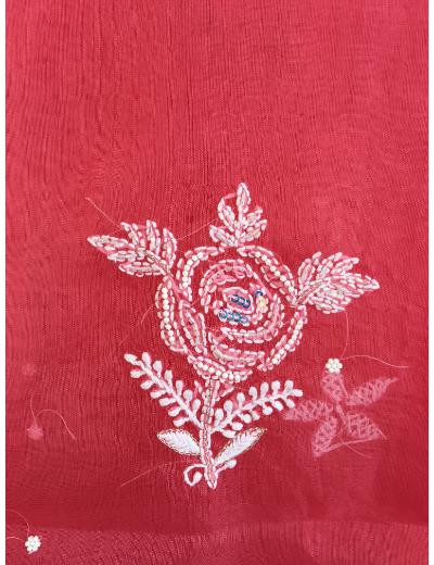 Chhangamal Hand Embroidered Carrot Pink Colour Organza  Chikankari Kurta Dupatta Piece