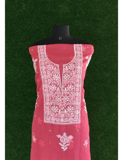 Chhangamal Hand Embroidered Carrot Pink Colour Organza  Chikankari Kurta Dupatta Piece