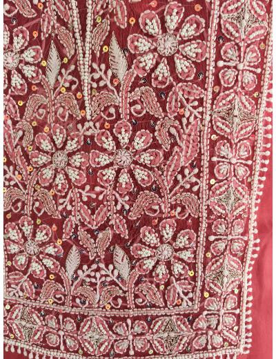 Chhangamal Hand Embroidered Carrot Pink Colour Organza  Chikankari Kurta Dupatta Piece