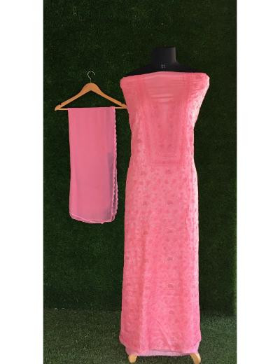 Chhangamal Hand Embroidered Carrot Pink Colour Silk Chikankari Suit Length