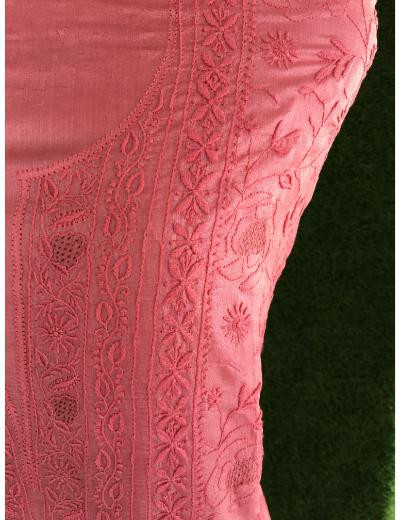 Chhangamal Hand Embroidered Carrot Pink Colour Silk Chikankari Suit Length