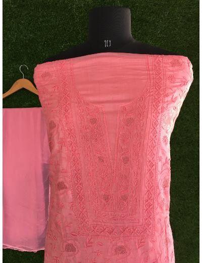 Chhangamal Hand Embroidered Carrot Pink Colour Silk Chikankari Suit Length
