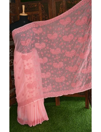 Chhangamal Hand Embroidered Carrot Pink Georgette Half Jaal Chikankari Saree