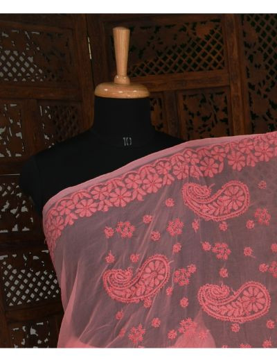 Chhangamal Hand Embroidered Carrot Pink Georgette Half Jaal Chikankari Saree
