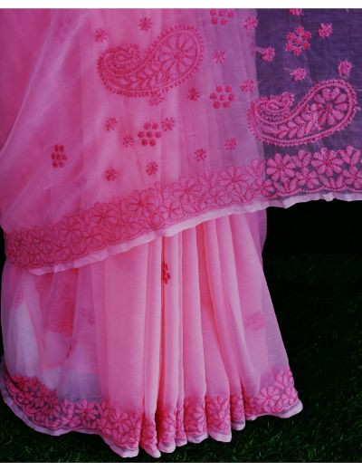Chhangamal Hand Embroidered Carrot Pink Georgette Half Jaal Chikankari Saree