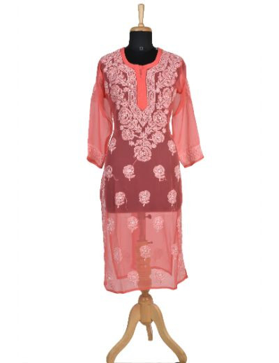 Chhangamal Hand Embroidered Carrot Red Colour Faux Georgette Chikankari Kurti 0523