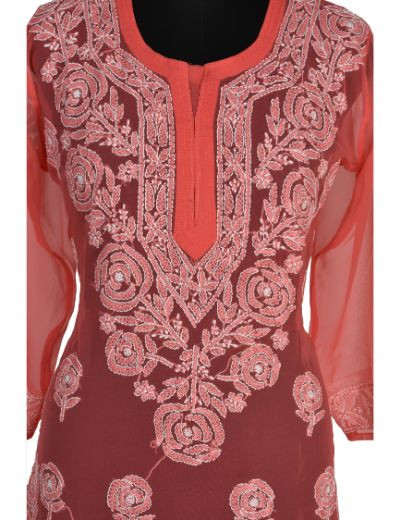 Chhangamal Hand Embroidered Carrot Red Colour Faux Georgette Chikankari Kurti 0523