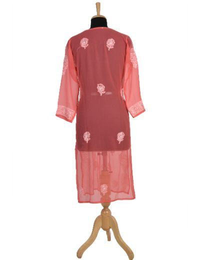Chhangamal Hand Embroidered Carrot Red Colour Faux Georgette Chikankari Kurti 0523