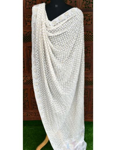 Chhangamal Hand Embroidered Chikankari White Dupatta in Pure Georgette Fabric