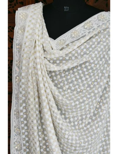 Chhangamal Hand Embroidered Chikankari White Dupatta in Pure Georgette Fabric