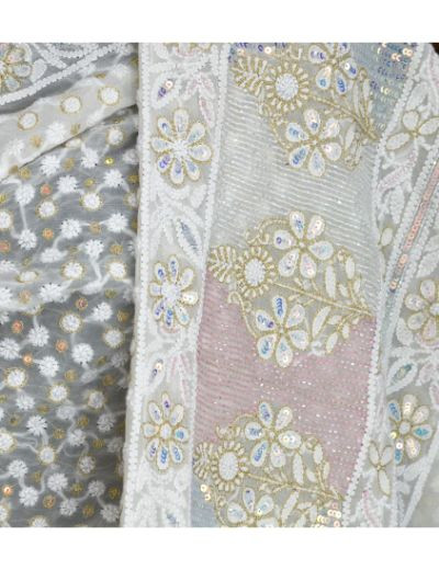 Chhangamal Hand Embroidered Chikankari White Dupatta in Pure Georgette Fabric