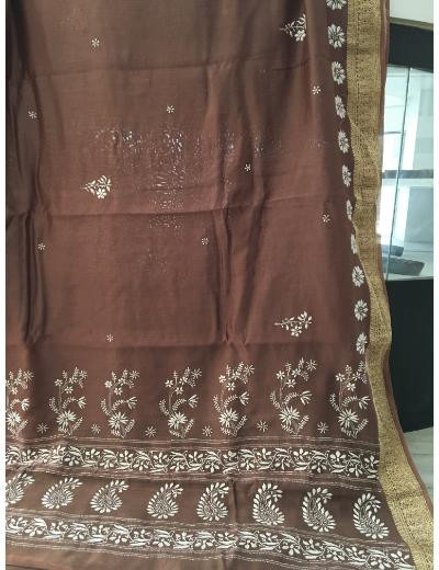 Chhangamal Hand Embroidered Coffee Colour Chanderi Silk Chikankari Saree