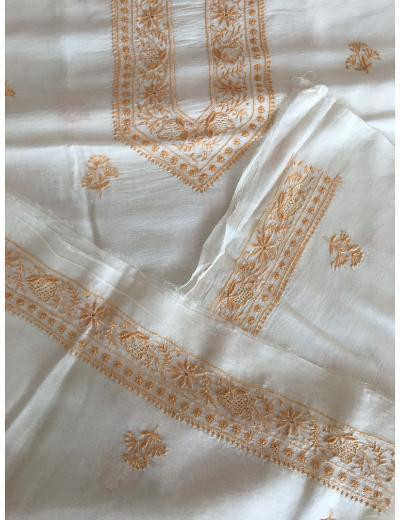 Chhangamal Hand Embroidered Cream Colour  Chanderi Silk  Chikankari Unstitched Men’s kurta Piece