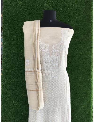 Chhangamal Hand Embroidered Cream Colour Amruta Silk Suit  Piece