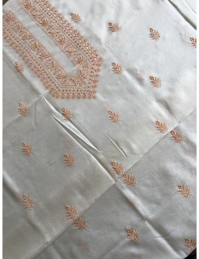 Chhangamal Hand Embroidered Cream Colour Chanderi Silk  Chikankari Unstitched Men’s kurta Piece