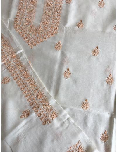 Chhangamal Hand Embroidered Cream Colour Chanderi Silk  Chikankari Unstitched Men’s kurta Piece