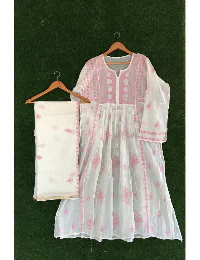 Chhangamal Hand Embroidered Cream Colour Mul-chanderi Chikankari Kurta Dupatta Piece