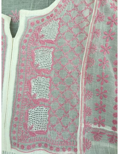 Chhangamal Hand Embroidered Cream Colour Mul-chanderi Chikankari Kurta Dupatta Piece