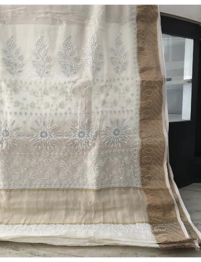 Chhangamal Hand Embroidered Cream Colour Mul Chanderi Chikankari Saree