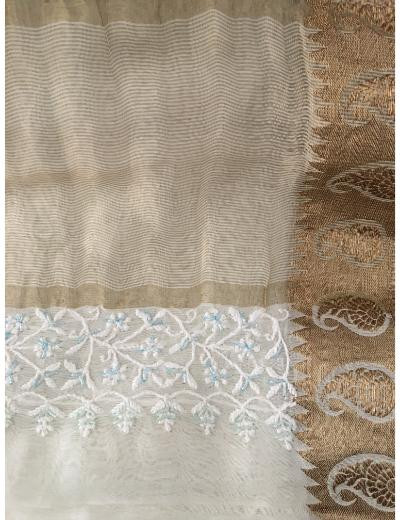 Chhangamal Hand Embroidered Cream Colour Mul Chanderi Chikankari Saree