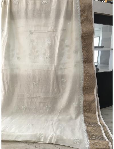 Chhangamal Hand Embroidered Cream Colour Mul Chanderi Chikankari Saree